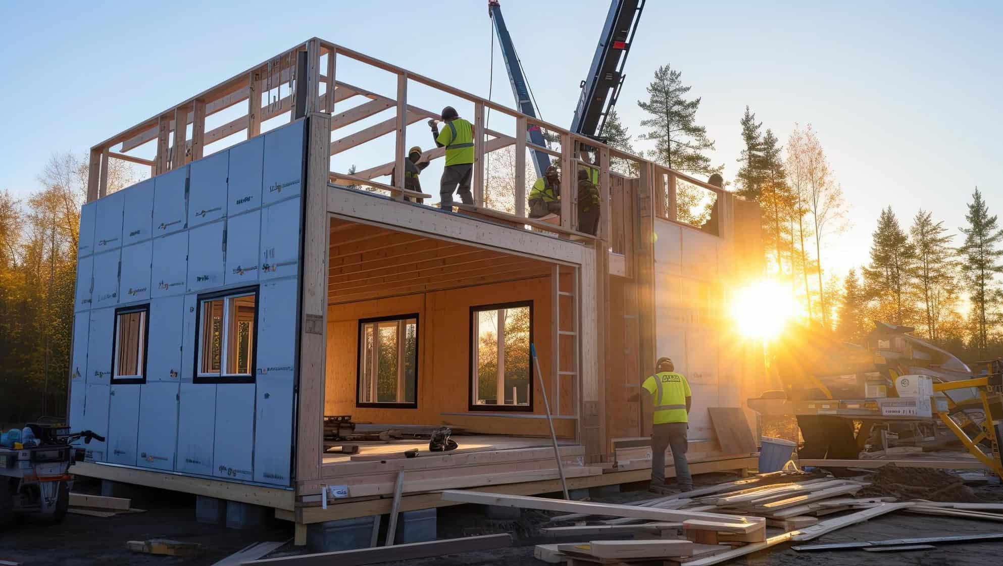 Bolig under oppføring med trekonstruksjon, isolasjon og håndverkere i arbeid på byggeplass.