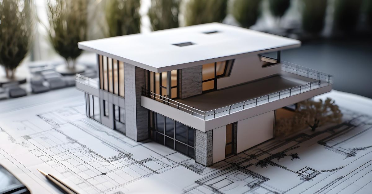 Arkitektmodell av moderne enebolig plassert på byggetegninger som viser planløsning og design.