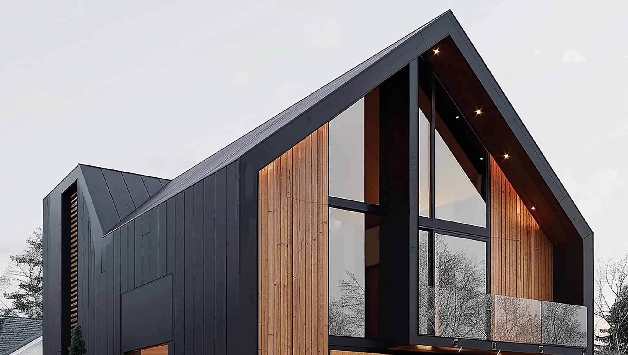 Moderne enebolig med trekledning, store glassflater og markant arkitektur i stilrent design.